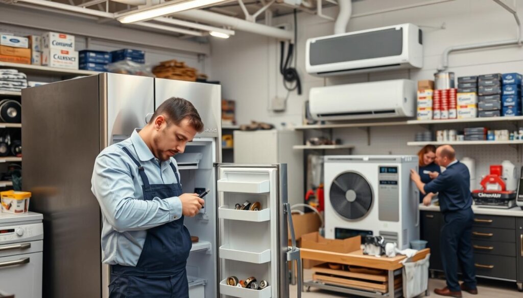 A well-lit, large workshop with an assortment of high-end luxury appliance parts, tools, and equipment. In the foreground, a technician in a crisp, professional uniform carefully disassembling a KitchenAid refrigerator, examining the intricate components with keen attention to detail. In the background, a GE Monogram air conditioning unit is being serviced, its inner workings exposed as the technician troubleshoots the issue. The space is meticulously organized, with shelves stocked with branded replacement parts, conveying expertise and a commitment to quality. The overall atmosphere is one of precision, professionalism, and the specialized knowledge required to maintain high-end luxury appliances.