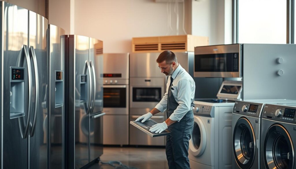 A well-lit, meticulously detailed workshop in Abu Dhabi, showcasing a skilled technician performing routine maintenance on a range of luxury appliances. The scene features an array of high-end refrigerators, ovens, and washing machines, each meticulously cared for with specialized tools and cleaning solutions. The technician, dressed in a crisp uniform, demonstrates the importance of regular upkeep, ensuring the appliances operate at peak efficiency and longevity. Warm, natural lighting filters in through large windows, creating a serene, professional atmosphere. The overall composition emphasizes the care and attention required to maintain the luxury lifestyle in UAE homes.
