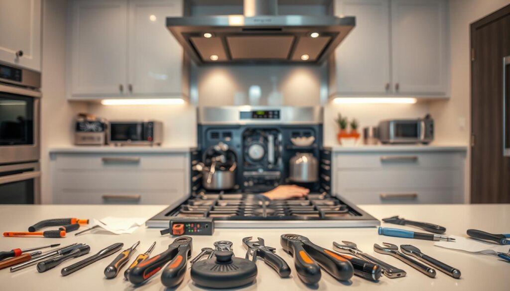 A well-lit, modern kitchen interior with a stove at the center, surrounded by various repair tools and materials. In the foreground, a collection of screwdrivers, pliers, and a wrench neatly arranged on a clean workbench. In the middle ground, the stove's control panel and inner components are exposed, with a technician's hands carefully inspecting and repairing the intricate mechanisms. The background features sleek, minimalist cabinetry and appliances, conveying a sense of professionalism and expertise in appliance maintenance. The lighting is soft and warm, creating a calming and inviting atmosphere, suitable for a high-end kitchen setting.