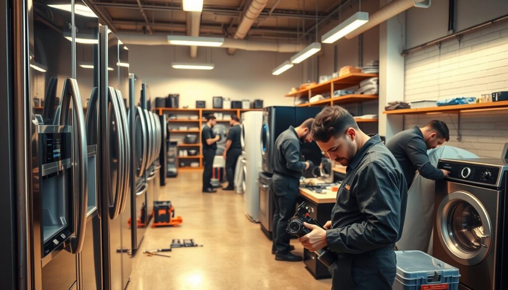A well-lit, modern workshop interior showcasing a team of skilled technicians expertly repairing a range of luxury home appliances. The foreground features a closeup of a technician meticulously troubleshooting an high-end refrigerator, surrounded by a variety of tools and spare parts. The middle ground shows additional technicians attending to other appliances like washing machines and ovens, working with precision and care. The background depicts the workshop's organized shelves stocked with a comprehensive inventory of replacement components for top luxury brands. Warm, directional lighting illuminates the scene, conveying a sense of professionalism and expertise in luxury appliance repair services in Sharjah and Ajman.