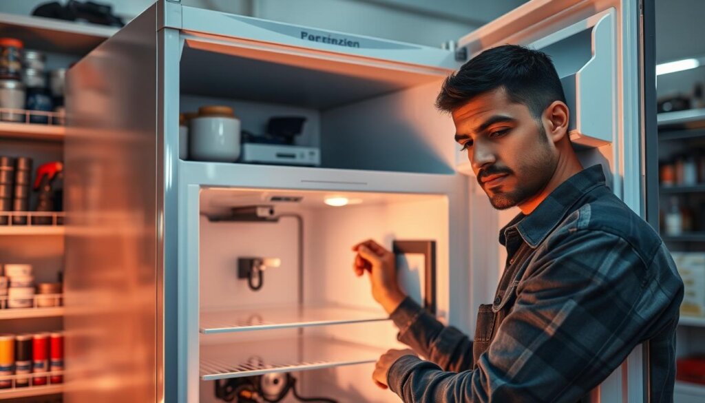 A well-lit professional workshop, with a technician in the foreground carefully inspecting the inner workings of an open refrigerator. The background features a neatly organized shelving system stocked with spare parts and repair tools. The lighting is warm and focused, casting shadows that highlight the intricate components of the appliance. The technician's expression conveys a sense of diligence and expertise, as they meticulously troubleshoot the issue. The overall scene evokes a atmosphere of reliable, high-quality refrigerator maintenance service in Sharjah.