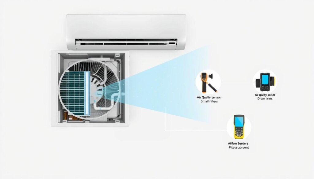 A well-lit, technical diagram showcasing the various components involved in diagnosing an air conditioning system's odor issues. The foreground features a detailed cross-section of an AC unit, highlighting the key areas where foul smells can originate, such as the coils, drain lines, and filters. The middle ground depicts diagnostic tools like air quality sensors and airflow measurement devices, demonstrating the process of identifying the root cause of the bad smell. The background provides a clean, minimalist setting, emphasizing the technical nature of the subject matter. The overall atmosphere conveys a sense of professionalism and problem-solving, guiding the viewer through the necessary steps to address Ajman's AC odor problems.