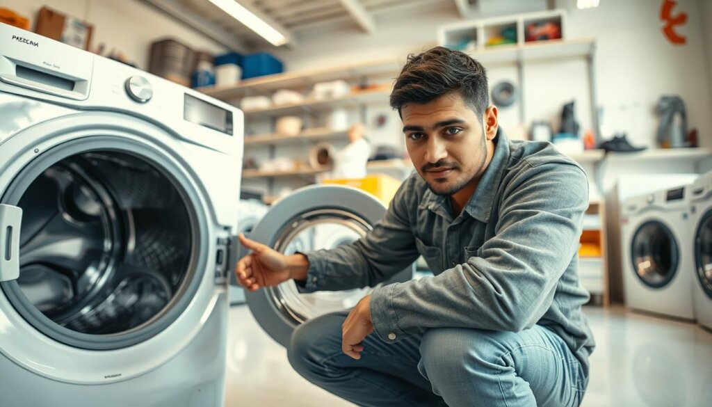 A well-lit, wide-angle view of a washing machine repair shop in Ajman, with a technician crouched down and inspecting the interior of an open washing machine. The shop has a clean, organized appearance, with shelves of spare parts and tools in the background. The technician's expression is focused, indicating they are troubleshooting an issue. The overall atmosphere conveys a sense of professionalism and expertise in the field of washing machine repair.
