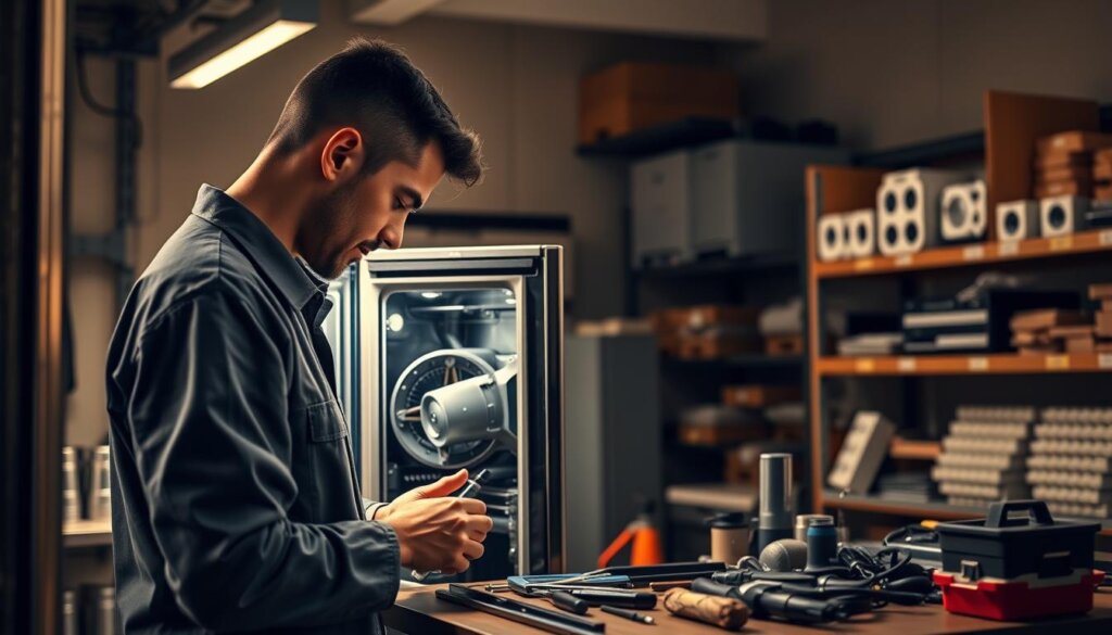 A well-lit workshop interior, with a professional technician in the foreground meticulously examining the internal components of a high-end kitchen appliance. Warm task lighting illuminates the scene, casting soft shadows that accentuate the intricate details. In the middle ground, an array of specialty tools and diagnostic equipment is neatly organized, conveying a sense of expertise and attention to preventative maintenance. The background features shelves stocked with replacement parts, underscoring the importance of regular servicing to extend the lifespan of premium home appliances. The overall atmosphere is one of diligence, care, and a commitment to preserving the functionality and value of these essential household investments.