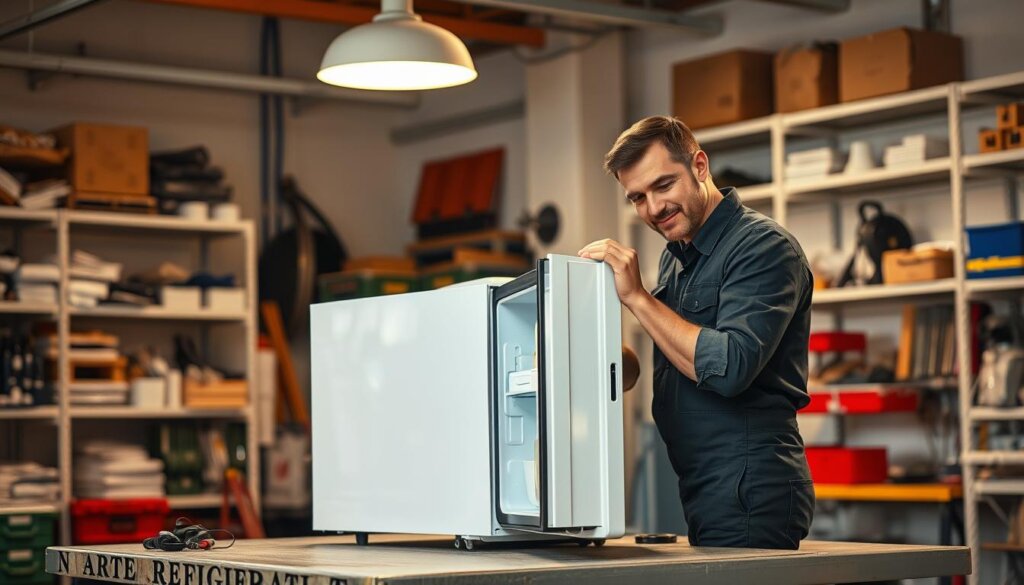 A well-lit workshop interior with a skilled technician repairing a white refrigerator appliance on a sturdy work table. Shelves of spare parts and tools in the background, conveying a professional service setting. Warm, inviting lighting casts a soft glow, creating a reassuring atmosphere. The technician's focused expression and precise hand movements suggest expertise and attention to detail. A sense of reliability and trustworthiness permeates the scene, ideal for highlighting refrigerator repair services.