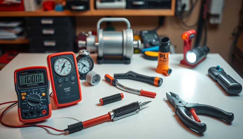 A well-lit workshop table showcases an array of essential AC troubleshooting tools. In the foreground, a digital multimeter, a refrigerant gauge, and a coil cleaning brush stand ready for inspection and repair. The middle ground features a compact vacuum pump, a flaring tool, and a tubing cutter, crucial for accessing and maintaining the AC system. In the background, a flashlight and a leak detector complete the set, allowing the DIY technician to thoroughly diagnose and address any noisy issues with the air conditioning unit. The clean, organized arrangement of these specialized tools conveys a sense of professionalism and preparedness for tackling the task at hand.