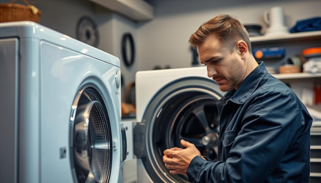 A well-lit workshop with a focused technician dressed in a uniform, meticulously examining the inner workings of a washing machine. The workshop has a clean and organized layout, with various tools and spare parts neatly arranged on shelves. The technician's expression conveys a sense of professionalism and care as they carefully diagnose the issue. The background features a muted, neutral color palette, allowing the subject to take center stage. The lighting is directed to highlight the technician's hands and the machine's components, creating a sense of attention to detail and problem-solving. The overall atmosphere is one of safety, expertise, and diligence.