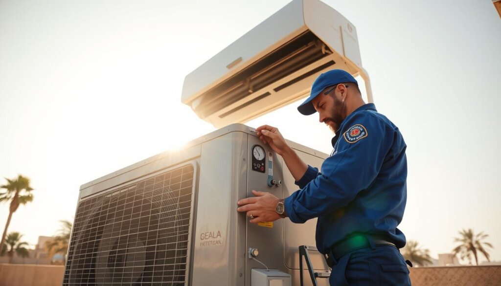 A well-maintained air conditioning unit in Ajman's desert climate, bathed in warm, golden light. A technician in a blue uniform examines the unit, checking gauges and making adjustments with precision tools. The background features a sun-drenched skyline, with palm trees swaying gently in the breeze. The scene conveys the importance of regular AC servicing to ensure efficient cooling and reliable comfort in the region's hot, arid conditions.