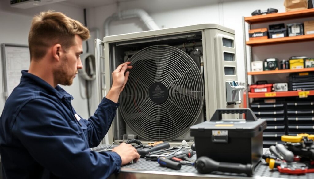 An AC technician working diligently in a well-lit, modern workshop. In the foreground, a skilled professional in a navy blue uniform with nametag, carefully inspecting the inner workings of an air conditioning unit. The mid-ground showcases an array of specialized tools and equipment, neatly organized on a metal workbench. In the background, shelves stocked with replacement parts and a toolbox, conveying the technician's expertise and preparedness. The scene exudes a sense of professionalism, efficiency, and a commitment to providing top-notch AC maintenance services.