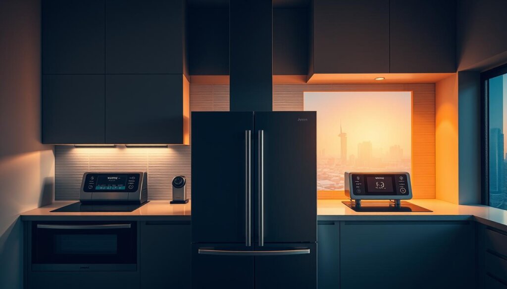 An interior scene of a modern kitchen in the UAE, showcasing several luxury appliances with prominent warning signs and indicators. The appliances are positioned in the foreground, surrounded by sleek, minimalist cabinetry and countertops. Warm, directional lighting illuminates the scene, casting dramatic shadows and highlighting the appliance details. The middle ground features a tiled backsplash with subtle patterns, while the background depicts a large window overlooking the cityscape of Ajman or Sharjah. The overall mood is one of sophistication and attention to detail, emphasizing the importance of professional maintenance and repair for these high-end household devices.