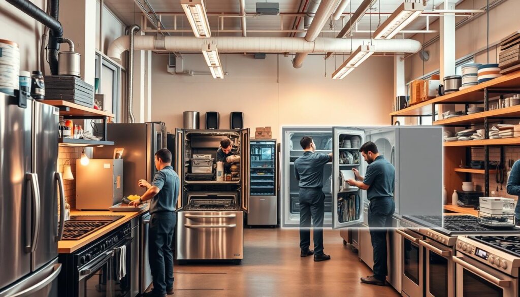 Comprehensive appliance repair services in a modern, well-equipped workshop. Technicians in uniform meticulously inspecting and repairing a range of household appliances - refrigerators, washing machines, ovens, and more. Bright, airy space with ample workbenches, specialized tools, and diagnostic equipment. Warm, ambient lighting casts a professional, productive atmosphere. Shelves stocked with genuine replacement parts for leading luxury appliance brands. Cutaway view revealing the intricate inner workings of appliances under repair. Convey a sense of expertise, efficiency, and customer-focused service.