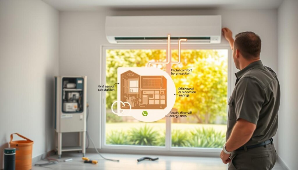 Detailed image of HVAC maintenance benefits, showcasing a well-maintained Larib AC unit in a clean, bright room. In the foreground, a technician in a uniform performing routine checkup, with tools and components neatly arranged. The middle ground features a cutaway diagram highlighting key HVAC system elements, illustrating efficient airflow and energy savings. In the background, a vibrant, lush outdoor scene, symbolizing the improved comfort and environmental impact of proper HVAC maintenance. Warm, natural lighting creates a welcoming atmosphere, emphasizing the importance of regular Larib AC Repair service for optimal performance and longevity.