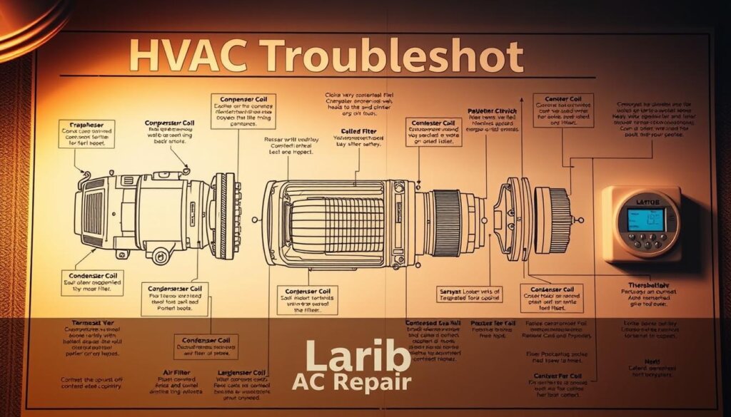 Detailed technical diagram showcasing step-by-step HVAC troubleshooting process. Prominently featured are various HVAC components including compressor, condenser coil, air filter, and thermostat. The image has a technical, engineering-focused aesthetic with clean lines, precise labeling, and an exploded view layout. Subtle branding for "Larib AC Repair" is discretely incorporated. The overall tone is informative and authoritative, conveying expertise in HVAC diagnostics and repair. Warm, directional lighting illuminates the scene, creating depth and highlighting key elements. The camera angle is slightly elevated to provide an encompassing, schematic-like perspective.