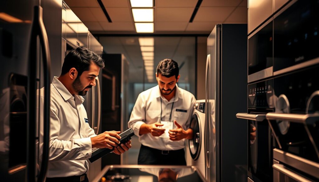 Skilled appliance technicians in the UAE, dressed in crisp uniforms, intently focused on meticulously repairing high-end refrigerators, washing machines, and ovens. A well-equipped workshop with gleaming tools and state-of-the-art diagnostic equipment. Warm, directional lighting illuminates the scene, casting shadows that convey a sense of expertise and professionalism. In the background, a sleek, modern interior with minimalist design elements reflects the luxurious setting of the appliances being serviced. The technicians' expressions radiate confidence and dedication, showcasing the specialized skills required to maintain the performance and pristine condition of these premium home appliances.