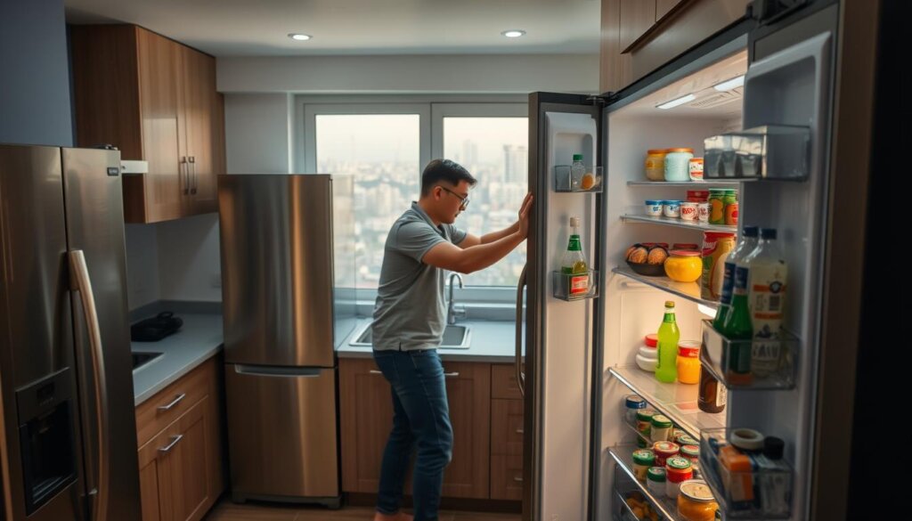 a well-lit kitchen interior with a stainless steel fridge in the foreground, its door open to reveal the organized shelves inside, showcasing various food items and beverages. In the middle ground, a person in casual attire is performing a routine maintenance task on the fridge, such as cleaning the coils or checking the temperature settings. The background features other kitchen appliances and a window overlooking a bustling urban landscape of Sharjah, conveying a sense of a modern, efficient home environment. The overall atmosphere is one of a practical, well-maintained household, highlighting the importance of regular fridge servicing for optimal performance and energy efficiency.
